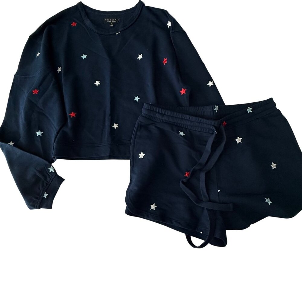 Trixxi Navy Star Print Cropped Sweatshirt & Drawstring Shorts Set M